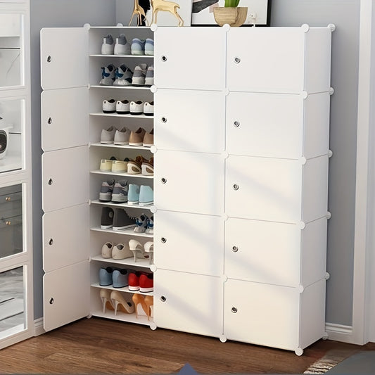 1pc White Expandable Shoe Rack Organizer Cabinet with Doors, 8-60 Pairs Capacity, Modern Plastic Shoe Holder, Portable & Sturdy, 3.2 Cubic Feet Storage, Independent System, 27+ Inch Height, Adjustable Shelves, Home Organizati