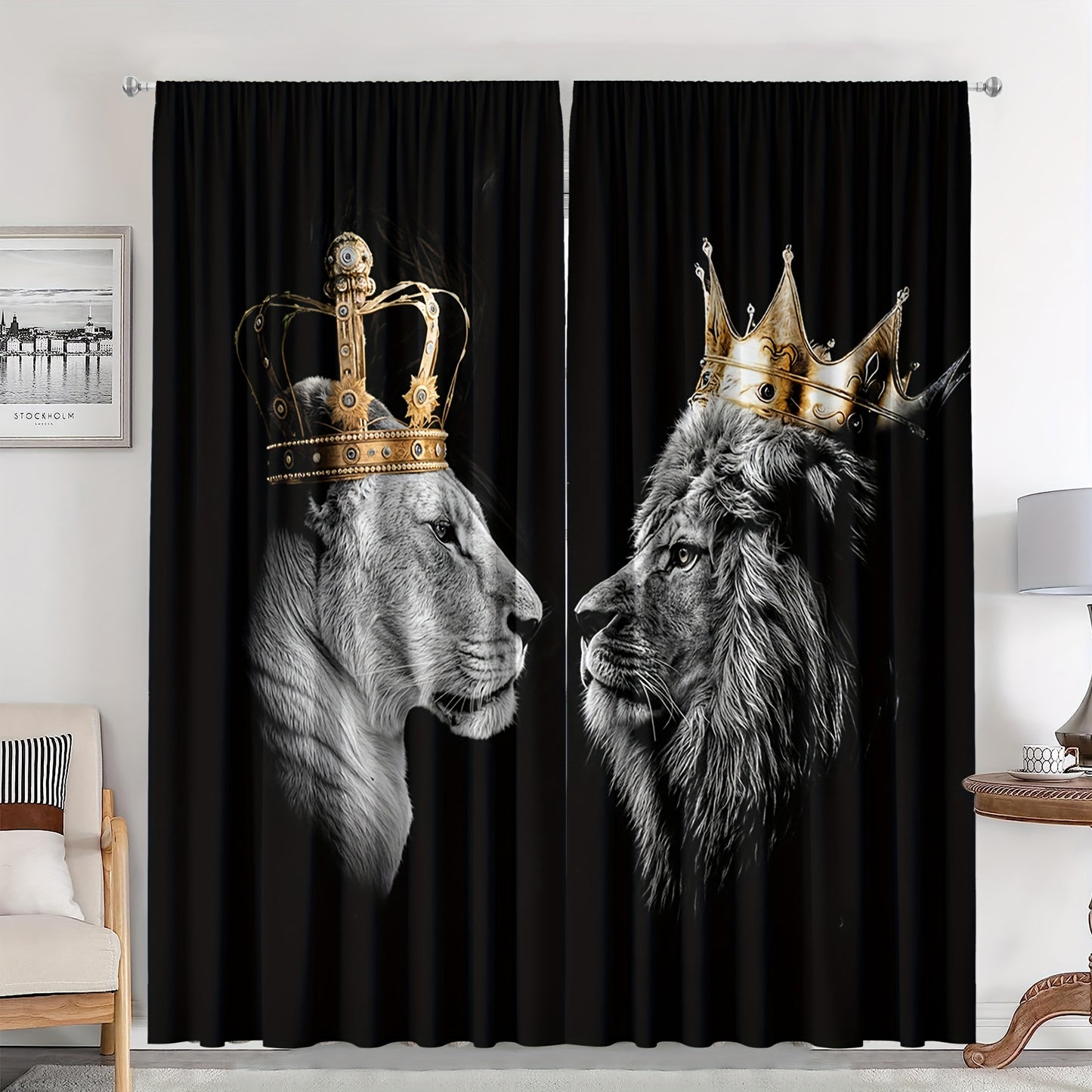 2pcs Set Crown Lion Rod Pocket Curtains - UV Protection, Machine Washable Polyester for Living Room, Kitchen, Cafe, Balcony & Garden Decor
