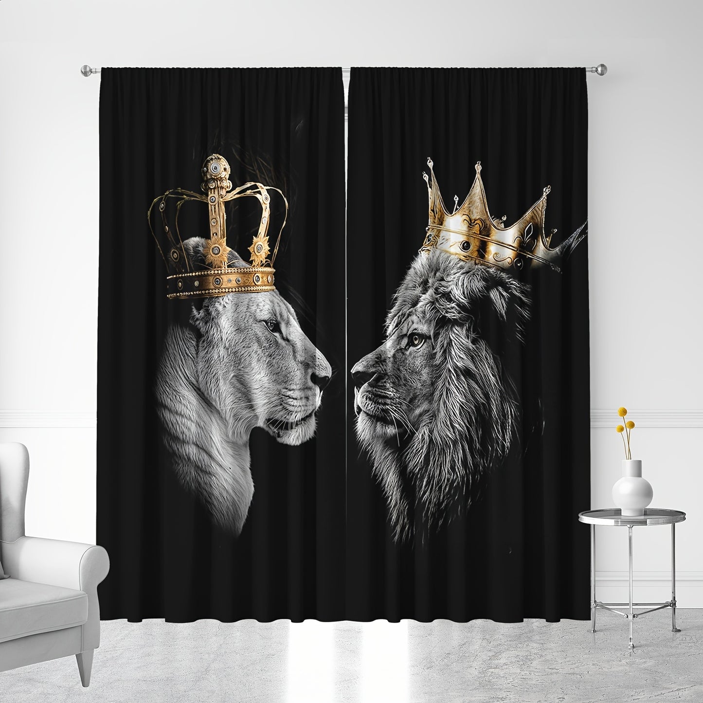 2pcs Set Crown Lion Rod Pocket Curtains - UV Protection, Machine Washable Polyester for Living Room, Kitchen, Cafe, Balcony & Garden Decor