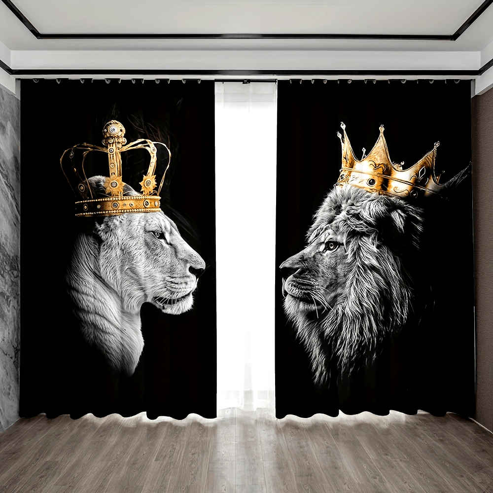 2pcs Set Crown Lion Rod Pocket Curtains - UV Protection, Machine Washable Polyester for Living Room, Kitchen, Cafe, Balcony & Garden Decor