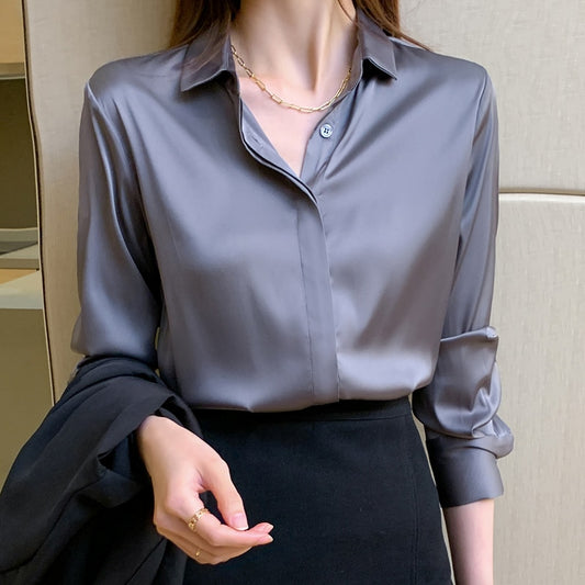 Fashion Rayon Satin Silk Shirt Vintage Blouse Women