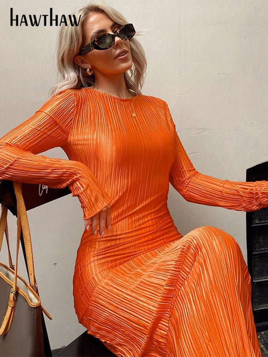 Women Fashion Long Sleeve Orange Midi Dress