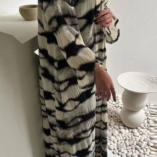 Dubai Printed Pleated Abayas for Women 2024 Eid Ramadan Kimono Cardigan Muslim Dress Marocain Kaftan Islamic Jalabiya Robe Gown