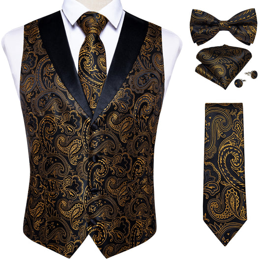 Brand Suit Vest Set For Men Luxury Silk Black Gold