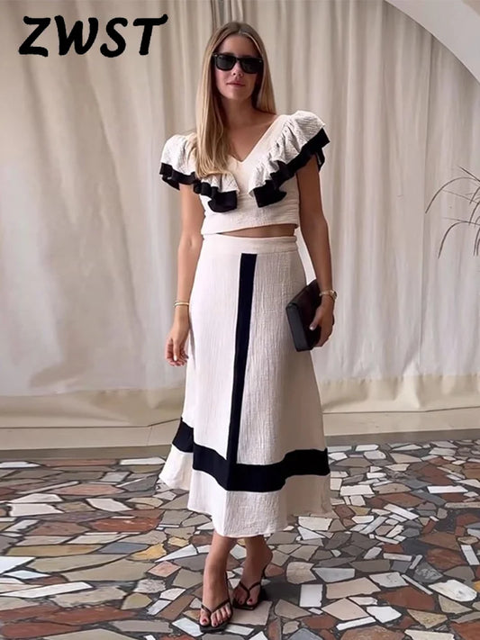 Knit Ruffle Patchwork Skirt Sets Women Elegant V-neck Sleeveless Top Midi Skirts Female Suit 2024 Summer Slim 2 Piece Set