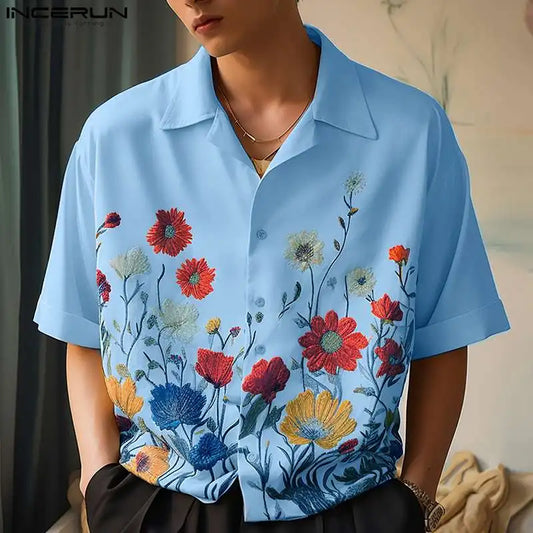 2024 Men Shirt Flower Printing Lapel Short Sleeve Vacation Casual Men Clothing Summer Streetwear Fashion Hawaiian Shirts INCERUN