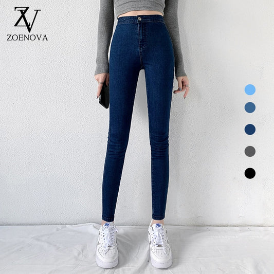 Klassische blaue Jeans für Damen, hoch tailliert, superelastisch