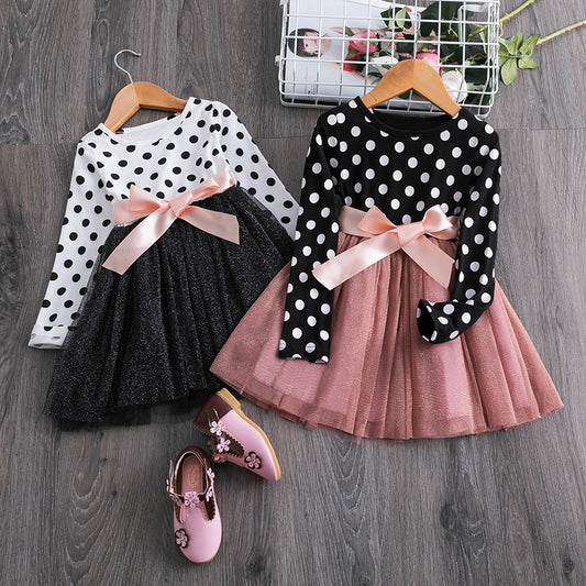 Polka Dot Langarm-Tüll-Kinder-Prinzessinnenkleider für Mädchen