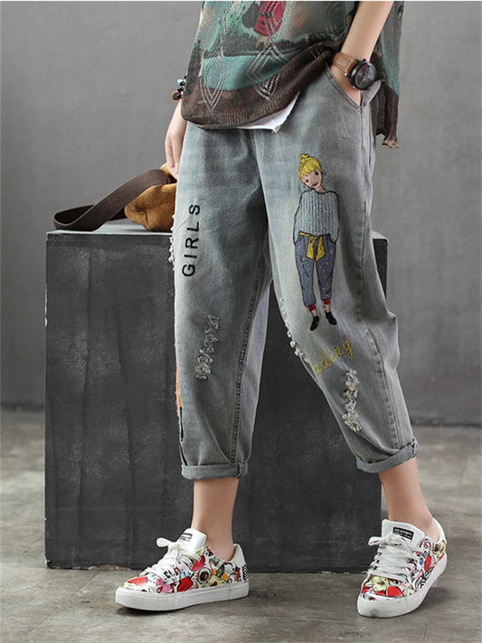 Korea Style Vintage Hole Girl Embroidery Ankle-length Denim for women