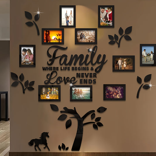 3D Acrylic Picture Frame Wall Decor Set with Hanging Template - Self-Adhesive DIY Photo Collage Gallery for Home, Family Tree, Wedding, New Year, Christmas, Back to School, Anniversary - English Text "Family Where Life Begins