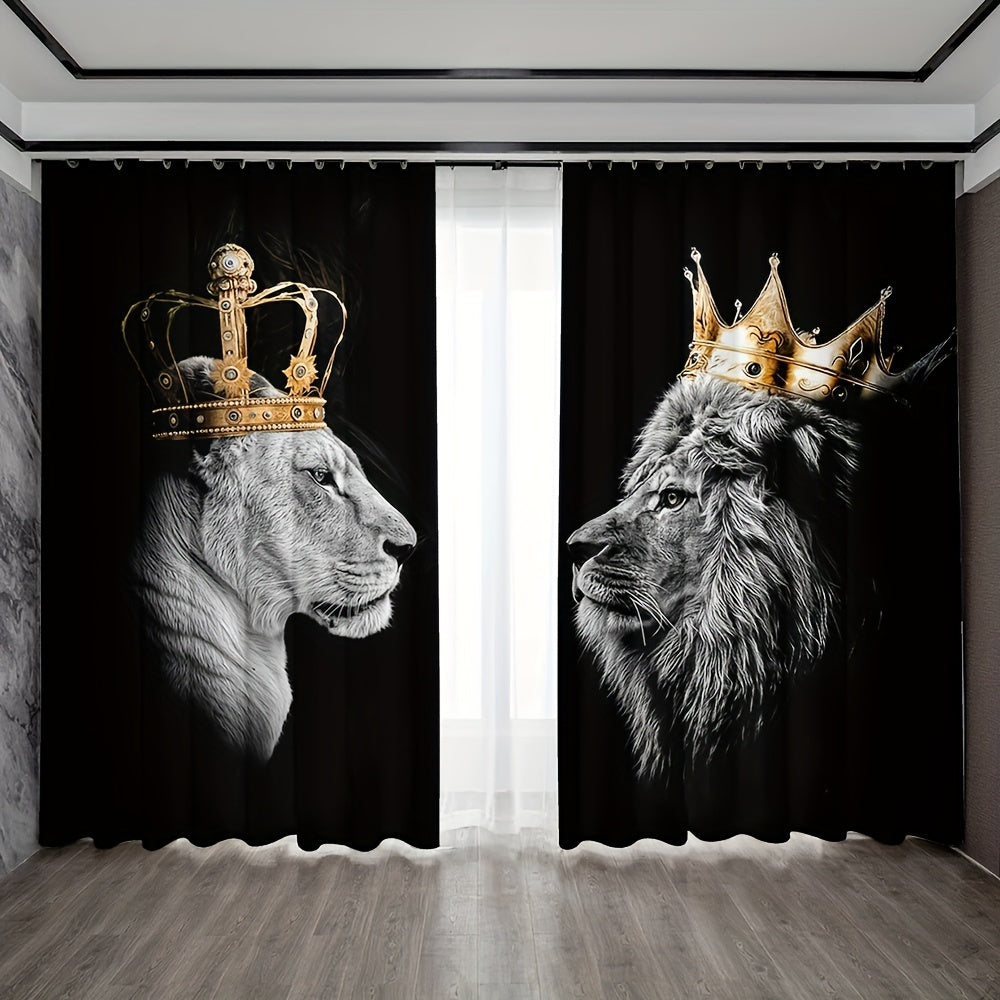 2pcs Set Crown Lion Rod Pocket Curtains - UV Protection, Machine Washable Polyester for Living Room, Kitchen, Cafe, Balcony & Garden Decor