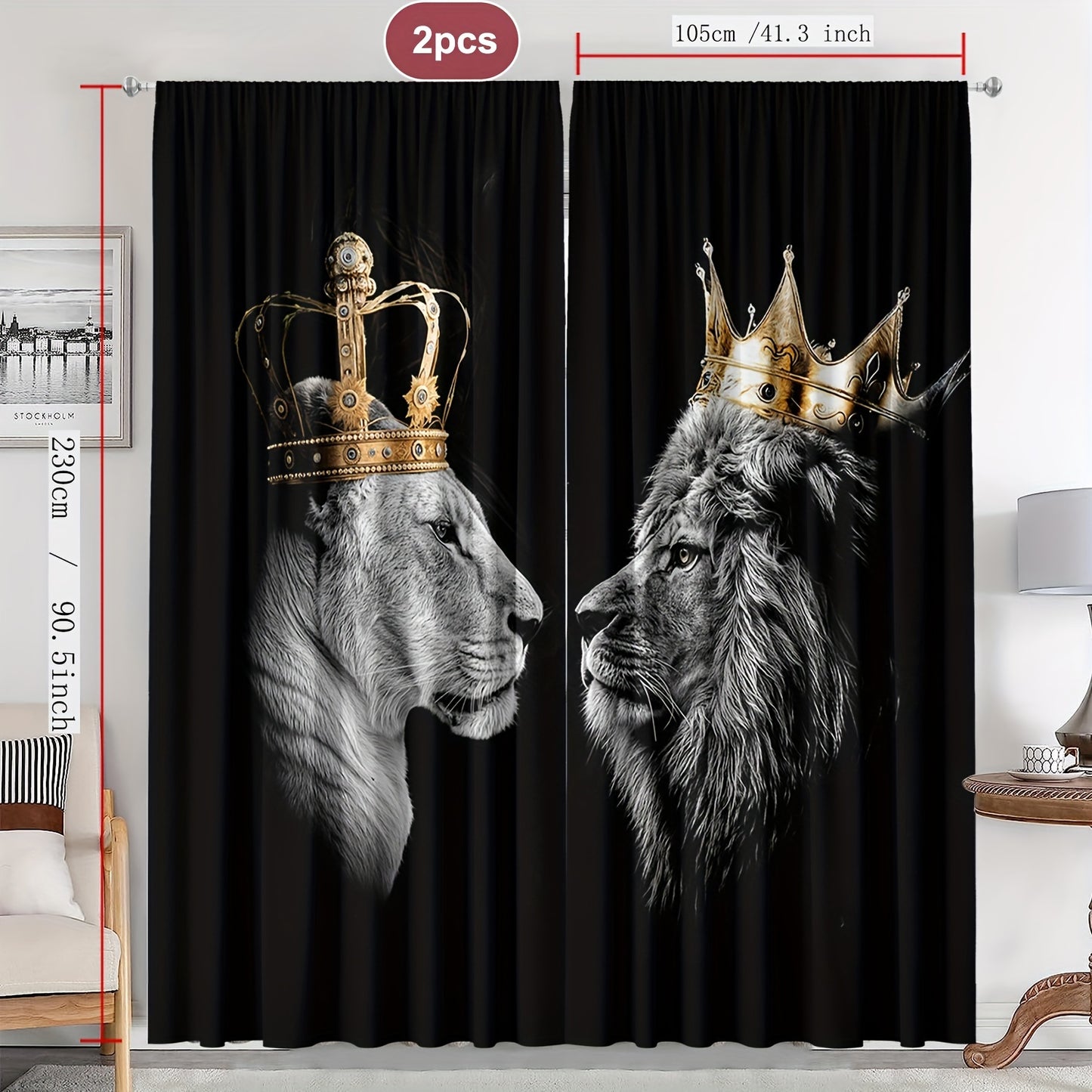 2pcs Set Crown Lion Rod Pocket Curtains - UV Protection, Machine Washable Polyester for Living Room, Kitchen, Cafe, Balcony & Garden Decor