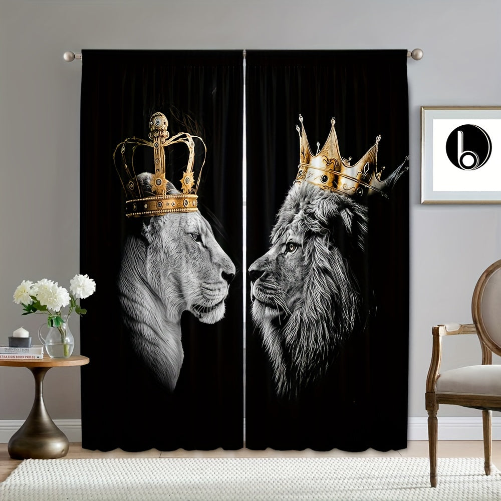 2pcs Set Crown Lion Rod Pocket Curtains - UV Protection, Machine Washable Polyester for Living Room, Kitchen, Cafe, Balcony & Garden Decor