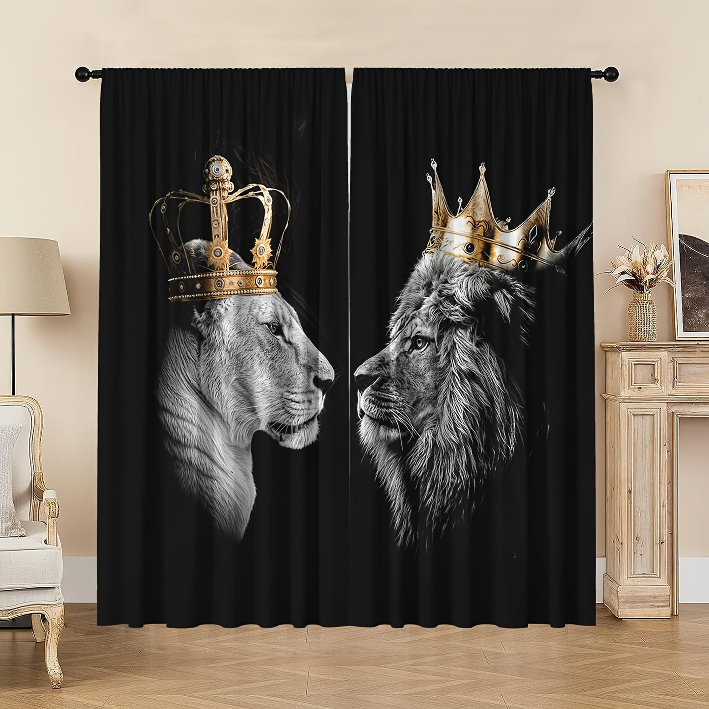 2pcs Set Crown Lion Rod Pocket Curtains - UV Protection, Machine Washable Polyester for Living Room, Kitchen, Cafe, Balcony & Garden Decor