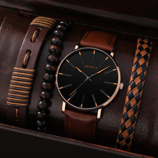Rose Needle Black Face Brown Belt +3 Bracelet