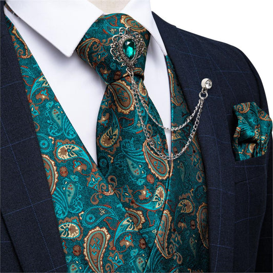 New Teal Green Paisley 100% Silk Formal Vest