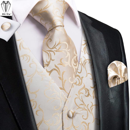 Hi-Tie 100% zijde ivoorbeige champagne gouden herenvesten