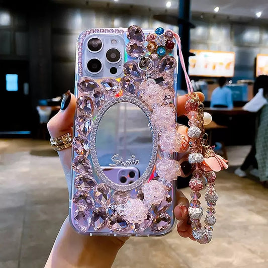Bling Diamond Bead Chain Mirror Strap Phone Case ver