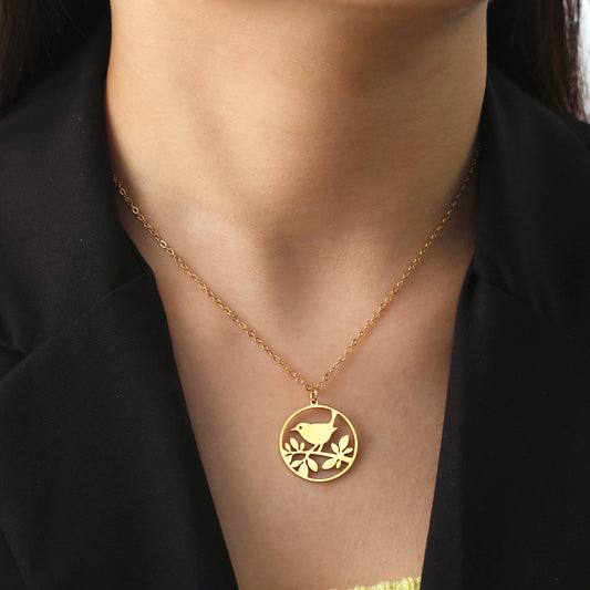 Simple Hollow Round Brand Branch Bird Pendant Stainless Steel Necklace