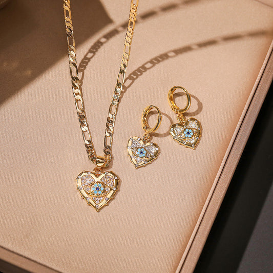 Personality Copper Plated Real Gold Heart-shaped Zircon Pendant Necklace And Earrings Suite