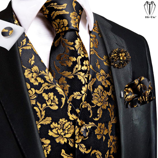 Hi-Tie luxe zijden herenvesten zwart goud bloemenjacquard gilet