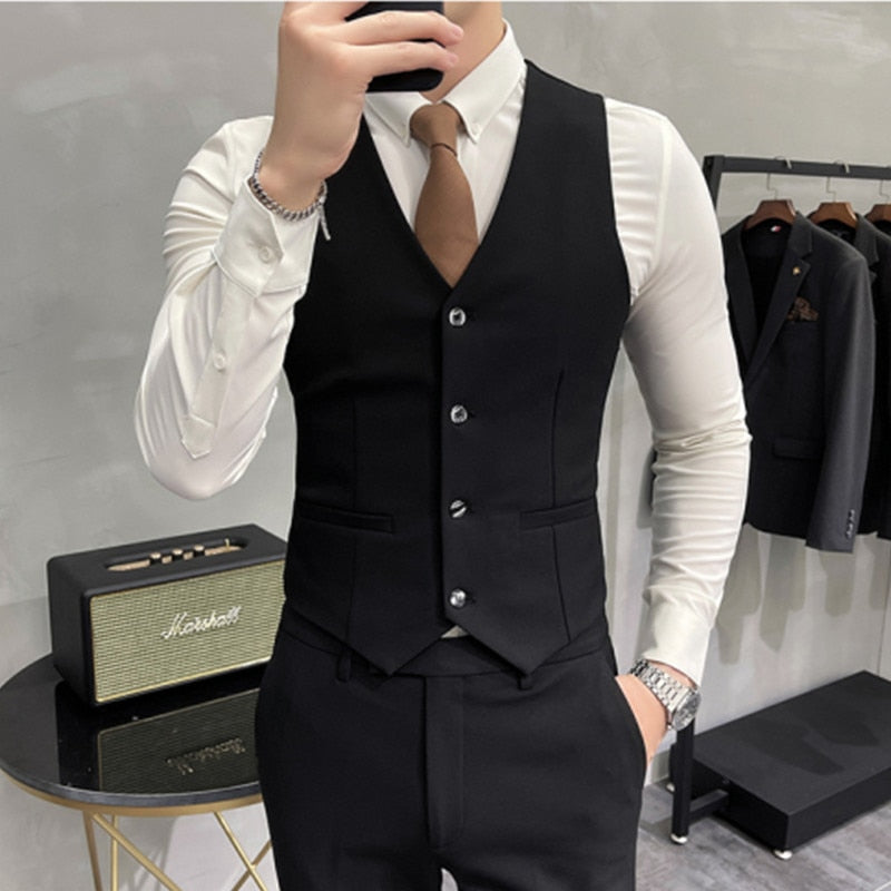 ( Jacket + Vest + Pants ) High-end Brand Boutique Fashion Solid Color Mens