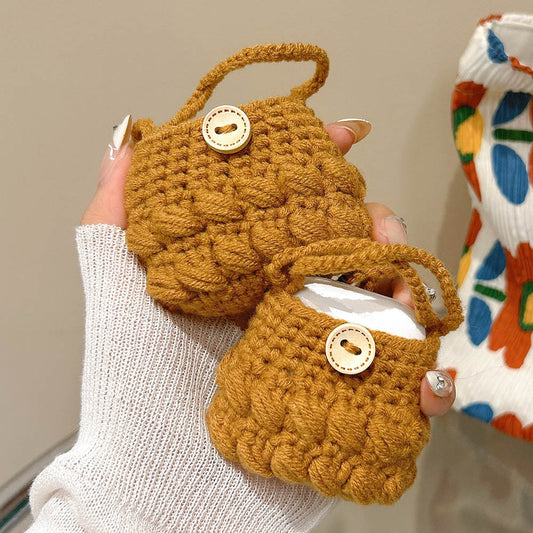 Simple Plush Brown Knitted Handbag Earphone Bags For Apple