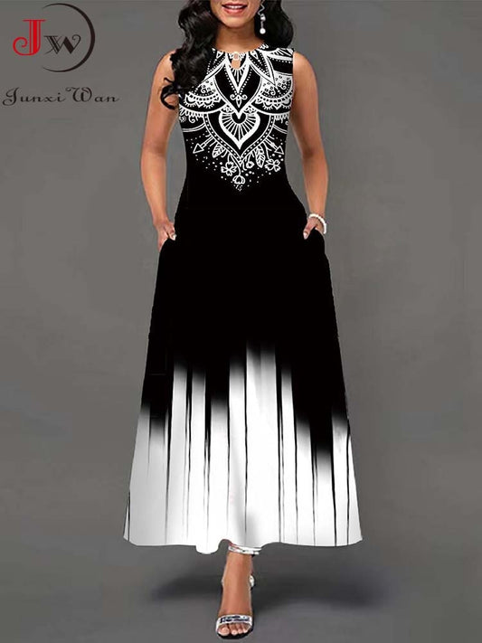 Summer Boho Women Elegant Long Dresses Sleeveless Floral Print