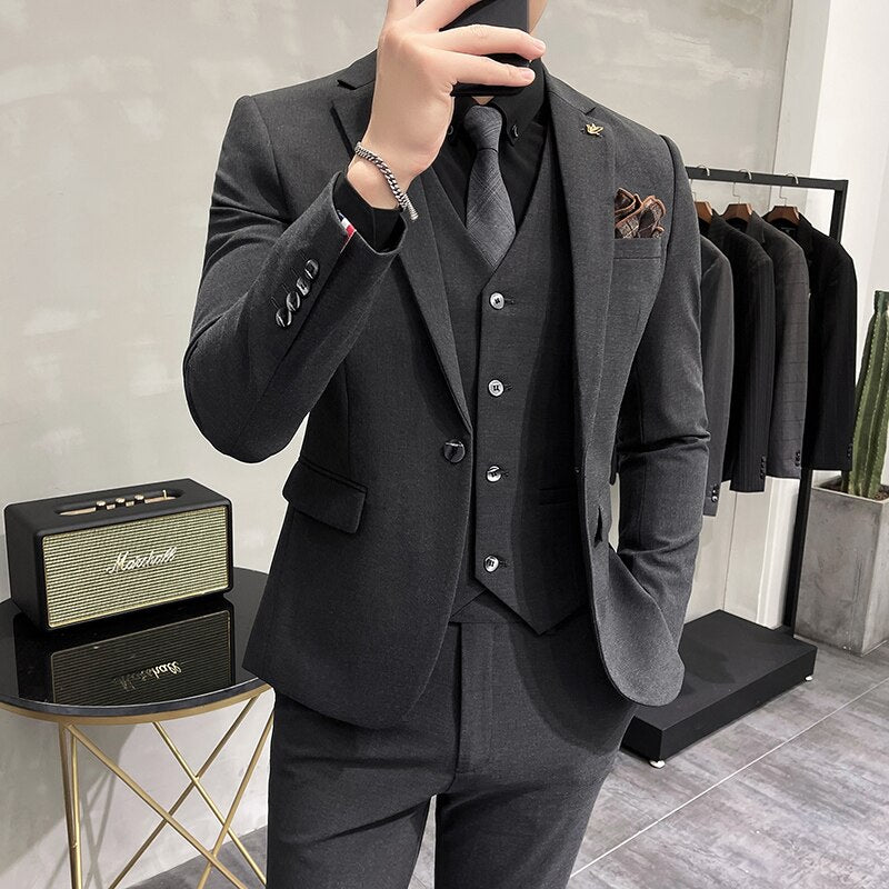 ( Jacket + Vest + Pants ) High-end Brand Boutique Fashion Solid Color Mens