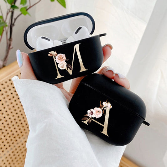 Gold Letter A Z Black Headphone Case for Apple Airpods Pro 2 1 3