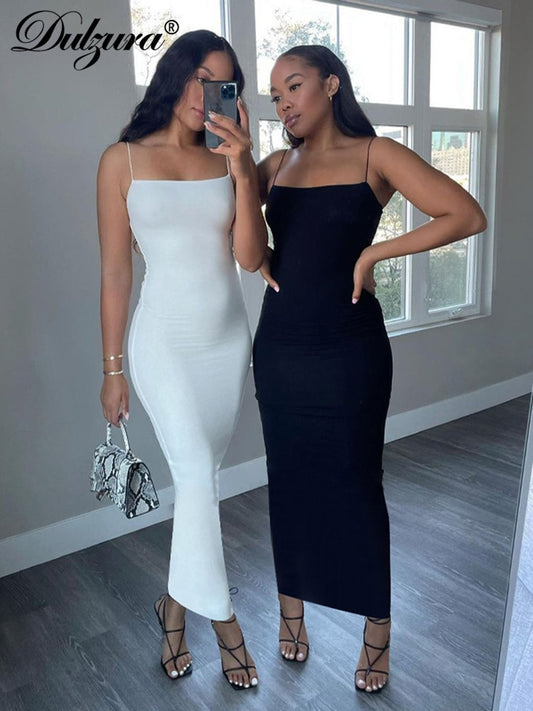 Women Solid White Black Strap Midi Dres