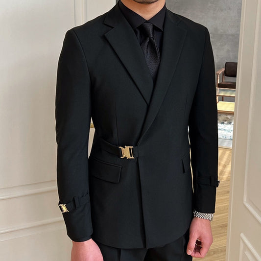 Solid Metal Buckle Decoration Blazer For Men