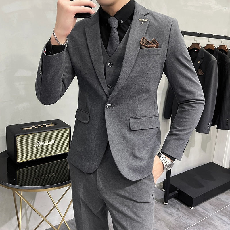 ( Jacket + Vest + Pants ) High-end Brand Boutique Fashion Solid Color Mens