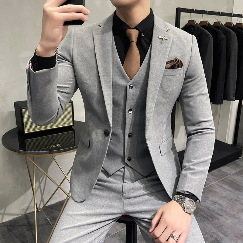 ( Jacket + Vest + Pants ) High-end Brand Boutique Fashion Solid Color Mens