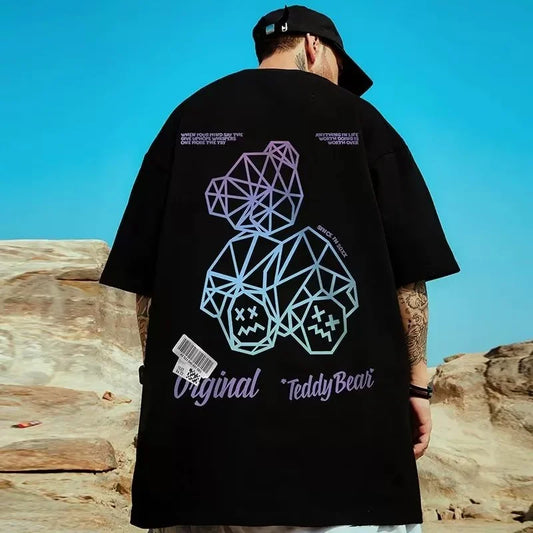 M-8XL Men's T-shirt Short Sleeved Loose Oversized Bear Print T-shirt Casual Versatile Cotton Short Sleeved T-shirt