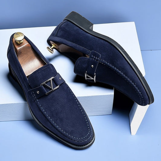 New Black Loafers Men Flock Shoes Business Blue