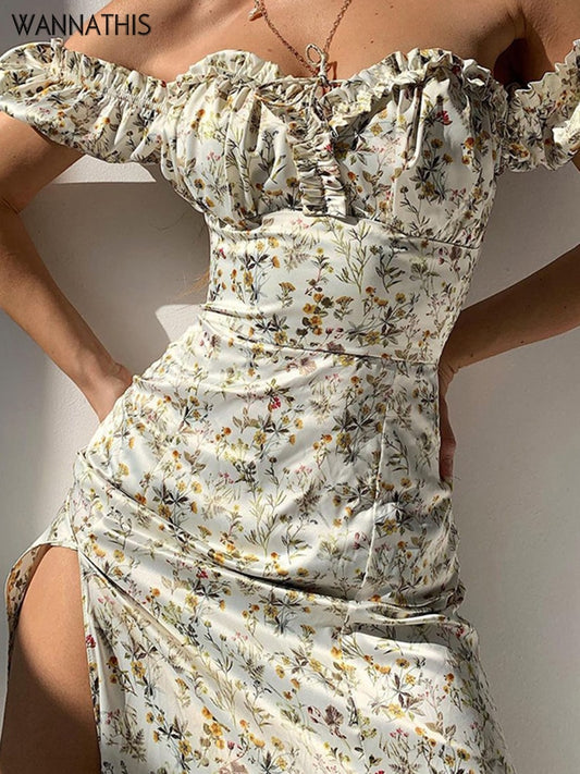 Floral Off Shoulder Puff Sleeve Maxi Dress For Woman