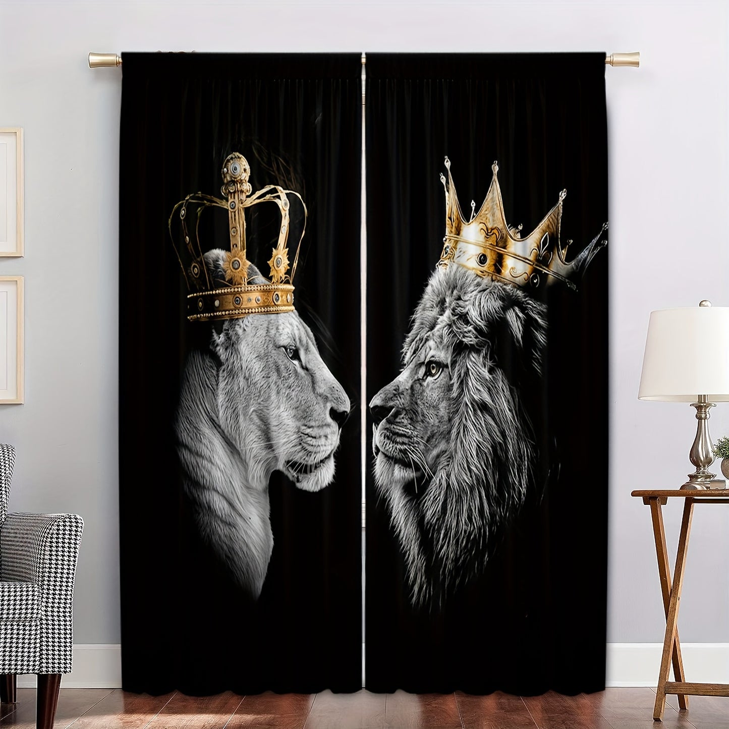 2pcs Set Crown Lion Rod Pocket Curtains - UV Protection, Machine Washable Polyester for Living Room, Kitchen, Cafe, Balcony & Garden Decor
